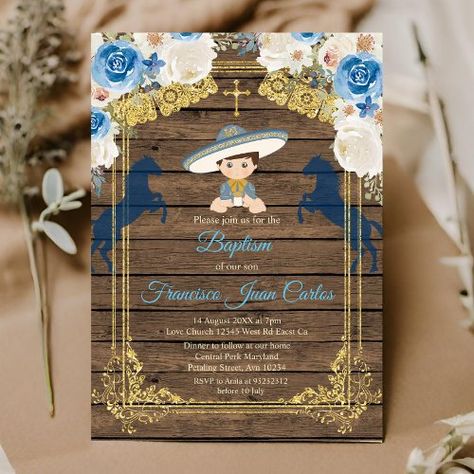 $2 | Rustic Wood Boy Baptism Christening Invitation - baptism christening invitation, baptism christening, baptism invitation, invitacion fiesta bautizo, charro baptism invitations, charro baptism, mexican theme, rustic wood, white flowers, blue flowers baptism Baptismal Theme Boy, Baptismal Theme, Charro Baptism, Christening Invitation, Baby Event, Boy Baptism, Rustic Theme, Baptism Invitations, Event Invitation