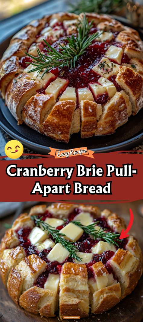 Indulge in the gooey richness of Cranberry Brie Pull-Apart Bread, where creamy brie and tart cranberries meet in a delightful dance of flavors. This easy-to-make bread is perfect for gatherings, pulling apart into perfectly portioned bites that are as festive as they are delicious. #PullApartBread #CranberryBrie #PartyFood Baked Bread And Brie Wreath, Cranberry And Brie Pull Apart Bread, Pampered Chef Baked Brie, Croissant Brie Cranberry, Easy O'dourves Appetizers, Pull Apart Sour Dough Brie And Cranberry Bread, Bread Brie Cranberry, Cranberry Brie Pull Apart Sourdough Bread, Bre Appetizers