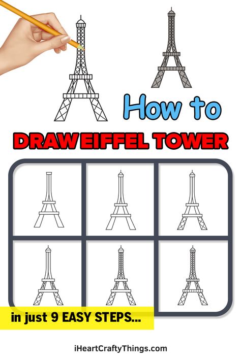 Paris Painting Easy, Eiffel Tower Drawing Easy, Artsy Pants, Journal Doodling, English Drawing, Eiffel Tower Drawing, Tower Drawing, Draw Doodles, Drawing Instructions