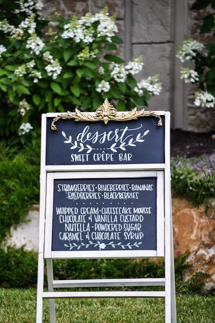 Dessert Sweet Crepe Bar #calligraphy #weddings #dessert #reception #bride #groom #backyardreception Crepe Bar Wedding, Wedding Crepe Bar, Crepe Station Ideas, Crepe Station Wedding, Crepe Bar Ideas, Crepe Bar Party, Table Menu Ideas, Zoe Aesthetic, Quince Food