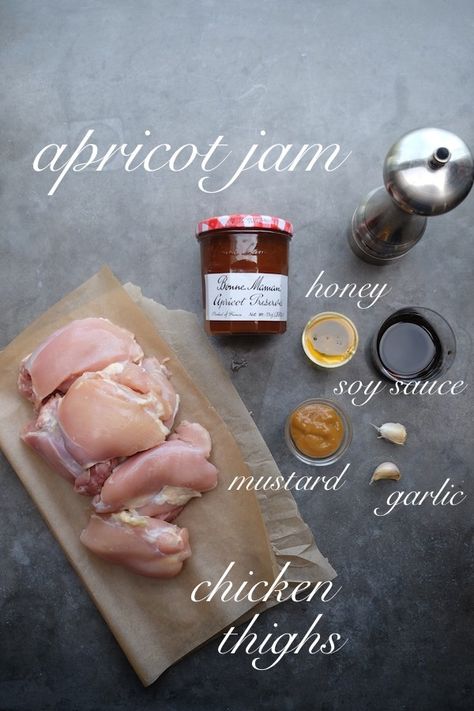 The most delicious & simple Apricot Glazed Chicken Thigh recipe can be found at Shutterbean.com! Apricot Glazed Chicken, Chicken Thigh Recipe, Hot Mustard, Apricot Chicken, Honey And Soy Sauce, Coarse Salt, Glazed Chicken, Boneless Skinless Chicken Thighs, Apricot Jam