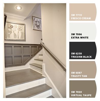 Taupe Staircase, Sw Virtual Taupe, Tavern Taupe Sherwin Williams, Sherwin Williams Virtual Taupe, Virtual Taupe Sherwin Williams, Taupe Color Combinations, Hallway Trim, Taupe Bathroom, Moving New House