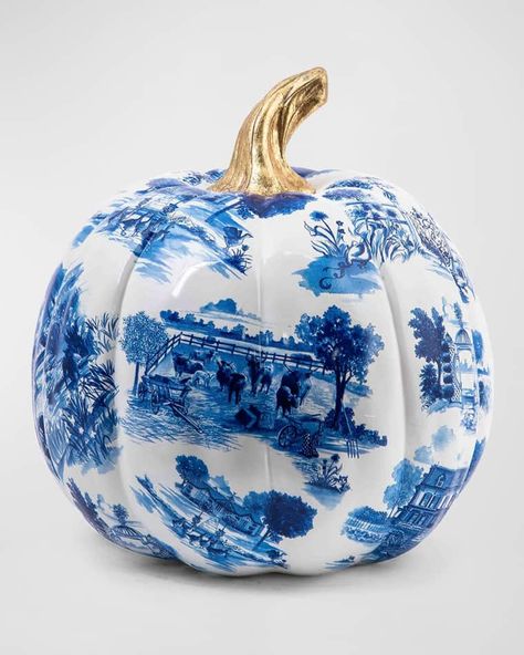 HFTY2 MacKenzie-Childs Royal Toile Pumpkin, Large Chinoiserie Pumpkins, Toile Pattern, Large Pumpkin, Blue Toile, Small Pumpkins, Upstate New York, Mackenzie Childs, Pumpkin Decorating, Fall Home Decor