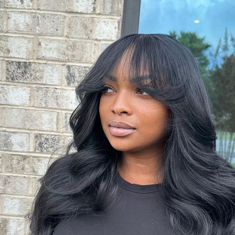 Side Part Curtain Bangs Black Women, Girl With Black Hair And Curtain Bangs, Curtain Bangs Closure, Wig With Curtain Bangs For Black Women, Body Wave Sew In With Bangs, Full Weave With Bangs, Middle Part Shoulder Length Hair Weave, Sew In Weave With Closure Curtain Bangs, Curtain Bangs Weave Black Women