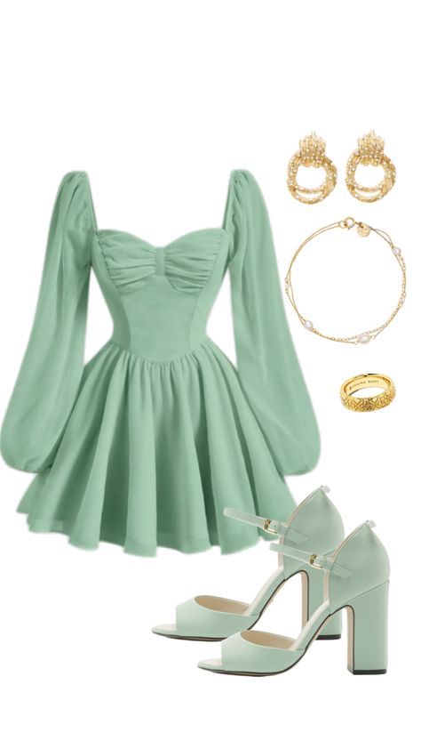 #outfit #style #green Birthday Outfit Green, 18th Birthday Dress Ideas, Sage Green Fits, 18th Party Ideas, 18th Party, Green Dress Outfit, 18th Birthday Outfit, 21st Birthday Outfits, Green Outfits