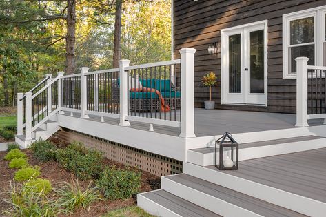 Deck Railing Ideas and Designs | Trex Modern Deck Railing Ideas, Modern Deck Railing, Trex Fascia, Tree House Deck, Deck Fascia, Trex Railing, Trex Enhance, Trex Composite Decking, Trex Transcend