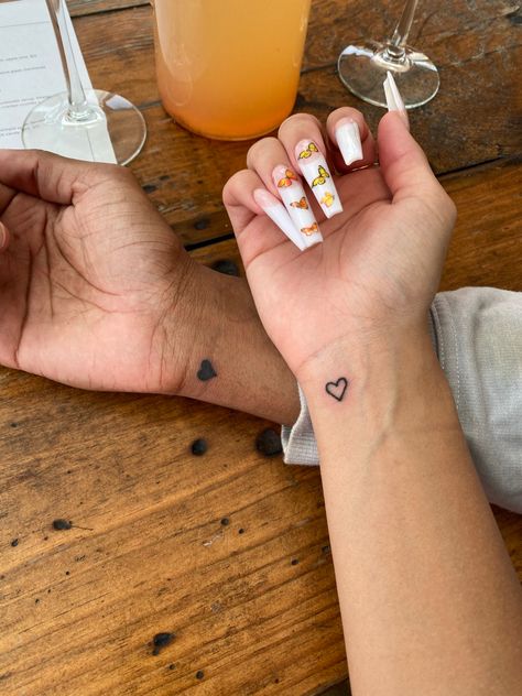 Matching Heart Tattoos, Him And Her Tattoos, Couple Tattoos Unique Meaningful, Partner Tattoos, Maching Tattoos, Cute Matching Tattoos, Cute Tattoos On Wrist, Small Matching Tattoos, Couple Matching Tattoo