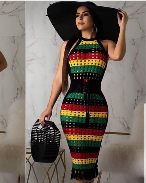 Jamaican Crochet Dress, Jamaican Colors Outfit, Reggae Outfit Women, Jamaica Moodboard, Jamaican Outfits For Women, Rastafarian Outfits, Jamaican Dress, Jamaican Fashion, Rasta Dress