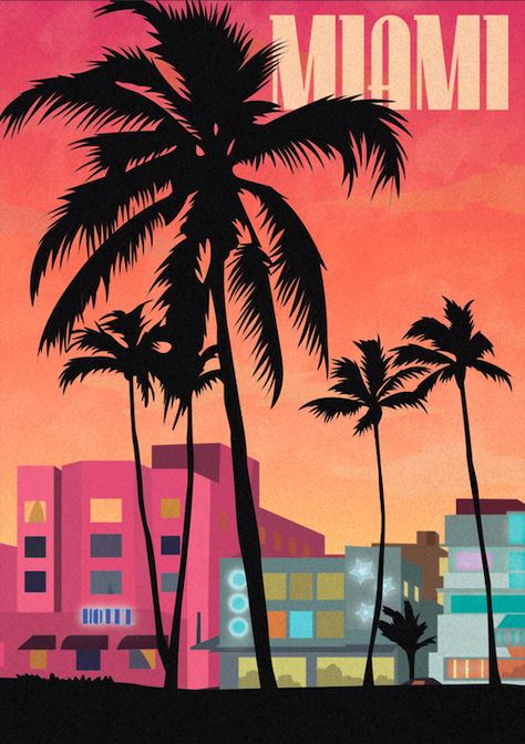 Miami Postcard Vintage, Vintage Miami Poster, Maimi Aesthetic, Miami Vibes Aesthetic, Miami Poster Design, Miami Postcard, Miami Drawing, Miami Background, Miami Florida Aesthetic