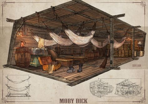 Pirate Ship Floor Plan, Pirate Ship Interior Concept Art, Pirate Ship Design Concept Art, Ship Interior Concept Art, Pirate Ship Interior, Pirate Ship Bedroom, Pirate Ship Design, Ship Interior, Feng Zhu Design