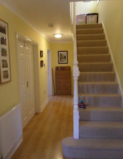 dayroom yellow by farrow and ball - our bedroom Yellow And White Hallway, Yellow Hallway Ideas, Yellow Painted Hallways, Yellow Hall Stairs And Landing, Dayroom Yellow Farrow And Ball, Dayroom Yellow, Print Room Yellow Farrow And Ball, India Yellow Hallway, Yellow Hallway