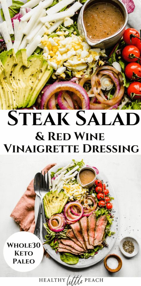 This Steak Salad is filled with a ton of greens, sliced avocado, grilled red onions and tomatoes, chopped boiled eggs, sliced jicama, and thinly sliced sirloin and drizzled with a homemade Red Wine Vinaigrette. This salad is Whole30, Keto and Paleo friendly. Keto Steak Salad Recipes For Dinner, Whole 30 Steak Salad, Keto Steak Salad, Whole30 Salads, Sliced Sirloin, Homemade Red Wine, Keto Steak, Paleo Salad, Onions And Tomatoes