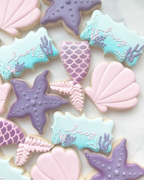 Mermaid Themed Cookies, Mermaid Theme Cookies, Mermaid Birthday Cookies, Mermaid Sugar Cookies, Seashell Cookies, Starfish Cookies, Sea Cookies, Ice Cream Birthday Party Theme, Cookies Summer