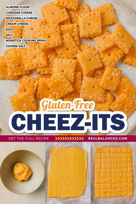 Gluten-Free Cheez-Its Ingredients Pin: The upper photo shows the Gluten-free Cheez-Its on a parchment paper-lined baking sheet. The ingredients are listed in the upper left corner of the photo. The text in the middle reads: "Gluten-Free Cheez-Its" and "Get the full recipe >>> realbalanced.com." The bottom part shows three process shots of the recipe. Cheese Its Recipe Snacks, Gluten Free Cheez Its, Cheez Its, Low Carb Granola Bars, Cheese Its, Healthy Cheese, Healthy Homemade Snacks, Baked Crackers, Cream Cheese Eggs