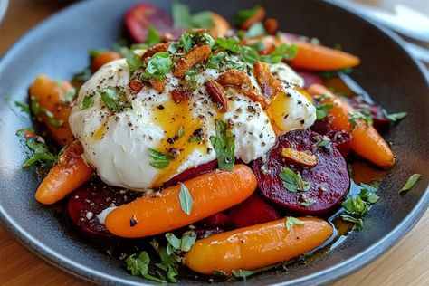 Roasted Beets and Carrots Salad with Burrata - Easy Recipe Guide - TastyHunger Roasted Beets And Carrots Salad With Burrata, Roasted Beet And Carrot Salad With Burrata, Roasted Beets And Carrots With Burrata, Thanksgiving Beets, Roasted Beats, Steakhouse Salad, Burrata Salad Recipe, Fancy Salad, Beets Recipes