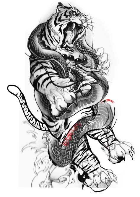 Tiger With Snake Tattoo, Tiger Dragon Tattoo Japanese Style, Snake And Tiger Tattoo, Koi Tattoo Sleeve, Tiger Tattoo Sleeve, Irezumi Tattoo, Dragon Bird, Buddhist Tattoo, Snake Dragon