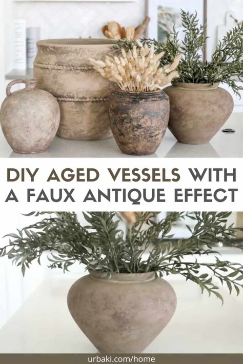 Are you ready to embark on a creative journey that will breathe new life into your home decor? Look no further than DIY aged vessels with a faux antique effect.rnrnWith just a few simple steps, you can transform ordinary vases into captivating pieces that exude charm and character.rnrnBest of all, this thrifty project is super affordable, incredibly enjoyable, and requires minimal effort. Get ready to unleash your inner artist and let your imagination run wild!rnrnThrift Flipping: The Art of... Antique Art In Bathroom, Faux Aged Pottery, Decor Pots & Planters, Diy Aged Vessel, Natural Pottery Ideas, Diy Old Vase, Aged Vases Diy, Diy Antique Vase, Antique Diy Decor