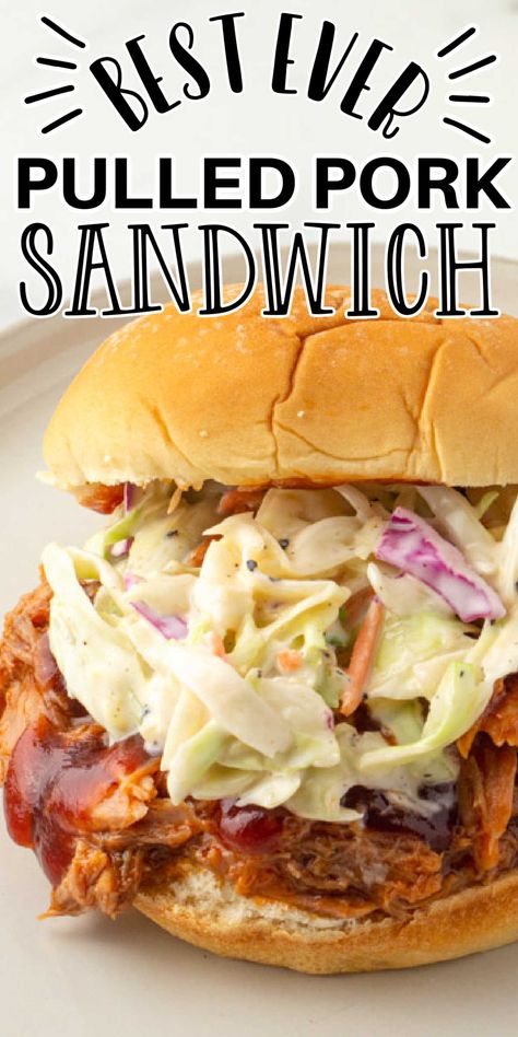 Pulled Pork and Slaw Sandwich on a plate Pulled Pork On A Bun, Slaw For Pulled Pork, Sandwiches With Coleslaw, Pulled Pork Slaw, Coleslaw For Pulled Pork, Pork Sandwich Recipes, Bbq Pork Sandwiches, Homemade Slaw, Cold Salad Recipes