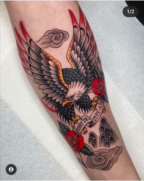 Eagle Tattoo Men Traditional, American Traditional Bald Eagle Tattoo, New School Eagle Tattoo, Eagle Tattoo American Traditional, Eagle Shin Tattoo, Traditional Bald Eagle Tattoo, Trad Eagle Tattoo, American Traditional Tattoos Eagle, American Traditional Forearm