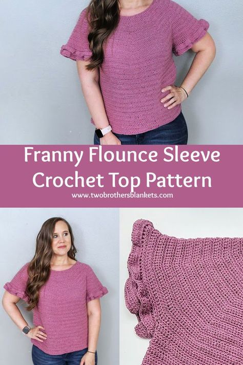 Franny Flounce Sleeve Crochet Top Pattern - Two Brothers Blankets Crochet Top Sleeves, Crochet Cardigan Pattern Free Women, Sleeve Crochet Top, Flounce Sleeve Top, Boho Festival Outfit, Crochet Garments, Blankets Crochet, Yarn Creations, Crochet 101