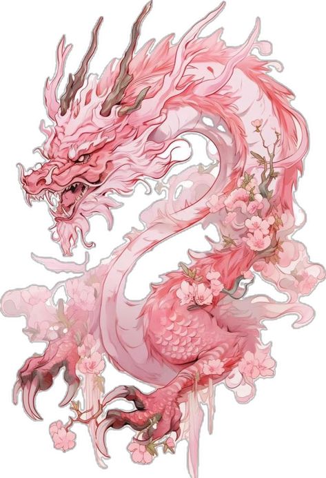 Dragon Cherry Blossom Tattoo, Pink Dragon Tattoo, Pink Dragon Art, Sakura Dragon, Cherry Blossom Dragon, Traditional Japanese Dragon, Dragon Zodiac, Asian Dragon, Pink Dragon