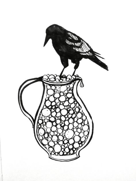 Crow and Pitcher I like the crow for a tattoo Pitcher Tattoo, The Crow And The Pitcher, The Crow, A Tattoo, Art Sketches, Fiber Art, Tatting, Doodles, Sketch