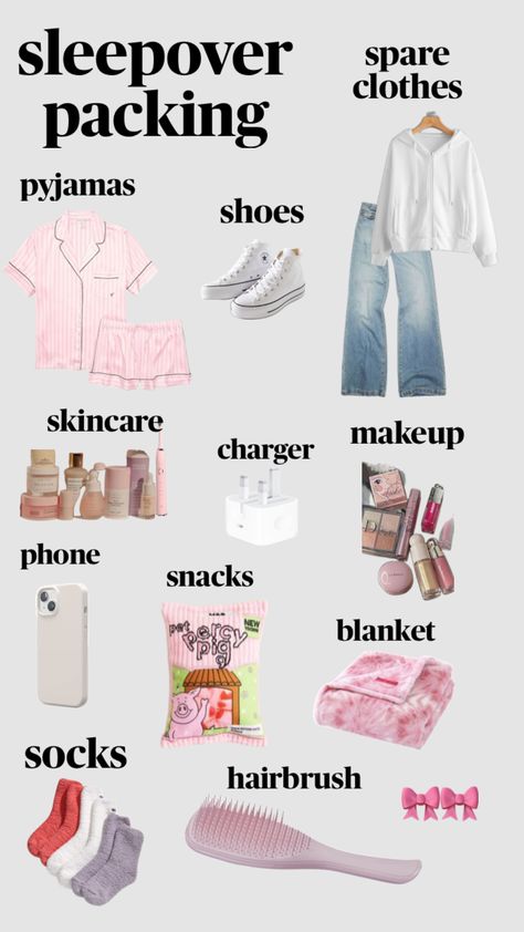 sleepover packing list!!! #sleepover #fun #coquette #pretty #outfit #pyjamas #packing #inspo #shuffles #snacks #preppyy List Sleepover, Sleepover Packing, Sleepover Checklist, Sleepover Packing List, Aesthetic Sleepover, Fun Sleepover Activities, Preppy Basics, Sleepover Fun, Teen Sleepover Ideas