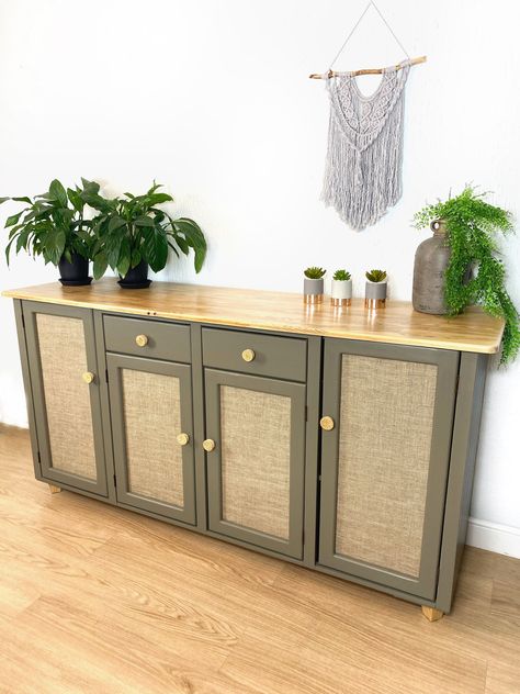 Painting Cabinets Diy, Green Sideboard, Rattan Webbing, Sideboard Tv, Rattan Sideboard, Pine Sideboard, Retro Sideboard, Painted Cupboards, Painted Sideboard