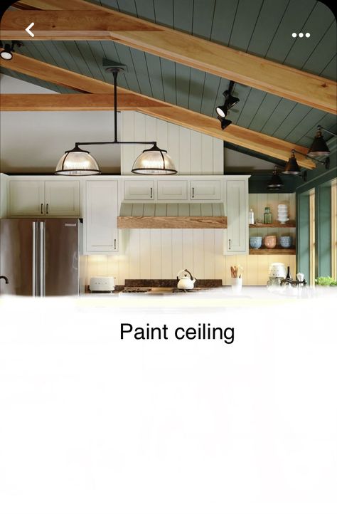 Find a color (or white) to paint ceiling. It might need a trim piece or greenery lining the wall/ceiling joint. Tiny Cabin Ceiling Ideas, Wood Ceiling Paint Colors, Painted Wood Panel Ceiling, Painted A Frame Ceiling, Painted Plank Ceiling, Painted Wood Ceiling Before And After, Wood Panelled Ceiling, Painted Plywood Ceiling, Painted Timber Ceiling