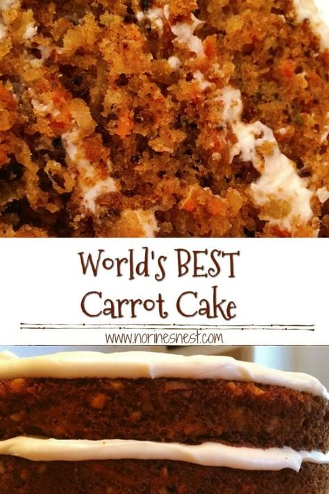 Truly the World's BEST Carrot Cake! Ultra Moist and flavorful! Loaded with freshly shredded carrots, coconut, pineapple, and walnut with the PERFECT Cream Cheese Frosting.  The most requested recipe on my blog! You'll never want another carrot cake recipe! This is the ONE! Pioneer Woman Carrot Cake Recipe, Carrot Cake Recipe From Scratch, Carrot Cake Recipe Homemade, Best Carrot Cake Recipe, Carrot Cake With Pineapple, Carrot Cake Recipe Easy, Homemade Carrot Cake, Moist Carrot Cakes, Easy Carrot Cake