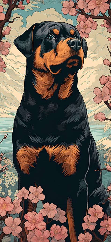 An Ukiyo-E style artwork of a Rottweiler amongst cherry blossoms and flowers in windy mountains, perfect for an aesthetic phone wallpaper. Mountain Aesthetic Wallpaper, Rottweiler Tattoo, Rottweiler Art, Dog Wallpaper Iphone, Art Deco Tattoo, Rottweiler Breed, Lion Sketch, Attractive Wallpapers, Vibrant Landscape