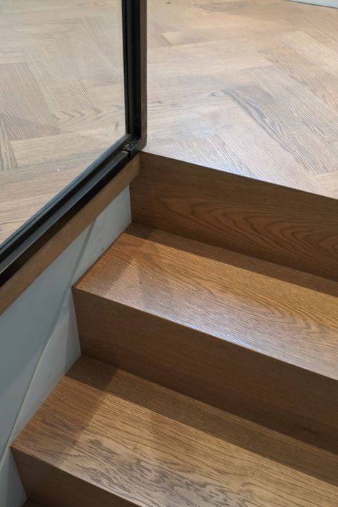 Floor To Stairs Transition, Wooden Floor Stairs, Wooden Flooring Stairs, Engineered Wood Stairs, Different Color Wood Floors Transition, Tiny Apartment Aesthetic, Wood Flooring Stairs, Wooden Stairs Design, Wooden Stairs Ideas