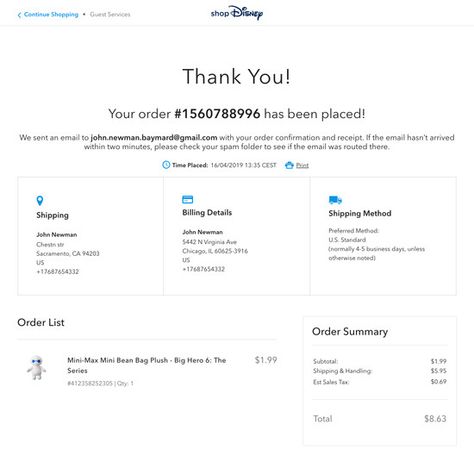 Disney Store - 120 Examples of ‘Order Confirmation’ Checkout Steps - Baymard Institute Mail Template Design, Bill Design, Mail Template, Confirmation Page, Inventory Management, Order Confirmation, App Ui Design, App Ui, Disney Store