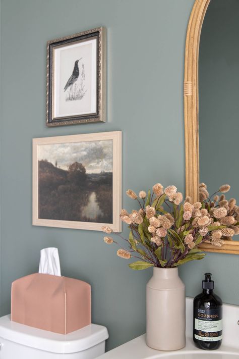 Budget Friendly Powder Room Reveal - Caitlin Marie Design Small Powder Room Decor Ideas, Mcgee And Co Art, Small Half Bath Ideas, Diy Powder Room Makeover, Small Powder Room Decor, Diy Powder Room, Powder Room Decor Ideas, Green Powder Room, Powder Room Paint Colors