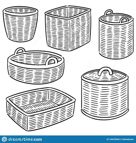 Wicker Washing Basket, Furniture Sketch, Basket Drawing, Cartoon Doodle, Black Basket, Preschool Colors, Drawing Bag, Washing Basket, Doodle Illustration