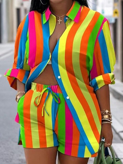 SHEIN Essnce Plus Size Women's Colorful Striped Rolled Sleeve Shirt And Shorts Casual Two-Piece Set, Spring/SummerI discovered amazing products on SHEIN.com, come check them out! Summer Prints Fashion, Plus Zise, Patchwork Shirt, Moda Plus, Moda Plus Size, Turndown Collar, Drawstring Shorts, Rainbow Stripes, Two Piece Sets