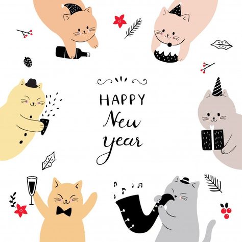 Cat New Year, New Year Cat, Cartoon Drawing Ideas Easy, Cartoon Drawing Ideas, Happy New Year Gif, Happy New Year Photo, Cute Cat Illustration, New Year Gif, Happy New Year Images