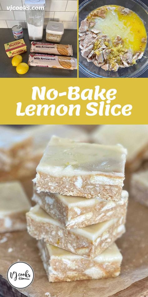 An easy, no-bake lemon slice made from a crushed biscuit and butter base, topped with a sweet lemon icing. No Bake Lemon Slice, No Bake Slice, Morning Teas, Arrowroot Biscuits, Vj Cooks, No Bake Slices, No Bake Lemon, Lemon Brownies, Slice Recipe