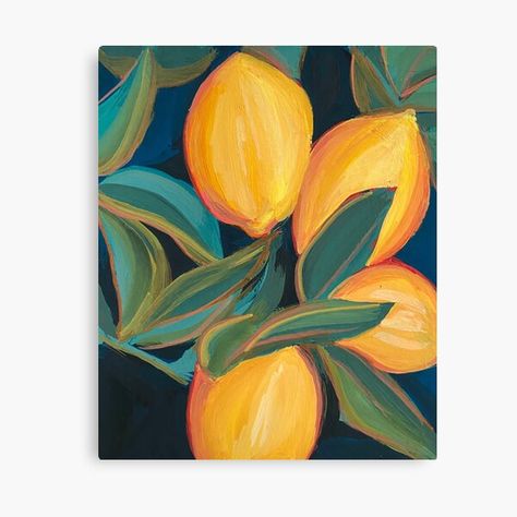 Fruits Acrylic Painting, Fruit Canvas Painting, Gouache Canvas, Canvas Painting Projects, Painting In Acrylic, Lemon Painting, Fruit Wall Art, Simple Painting, Simple Canvas Paintings