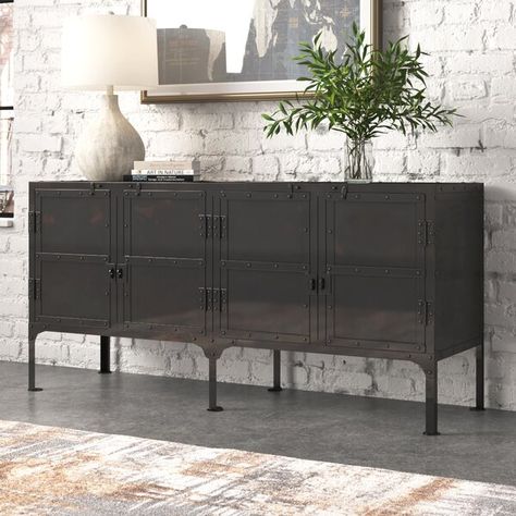 Steelside™ Marlo 62.25'' Wide Sideboard & Reviews | Wayfair Metal Buffet Cabinet, Displaying Photos, Silver Cabinets, Clean Clothes, Industrial Aesthetic, Wide Sideboard, Solid Wood Sideboard, Console Cabinet, Metal Cabinet