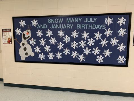 Winter Birthday Boards Preschool, January Birthday Board Ideas, Winter Birthday Board Classroom, Winter Wonderland Bulletin Board Schools, Winter Birthday Wall Ideas For Classroom, Winter Birthday Board, Winter Birthday Bulletin Board Ideas, January Birthday Bulletin Board Ideas, Olaf Bulletin Board