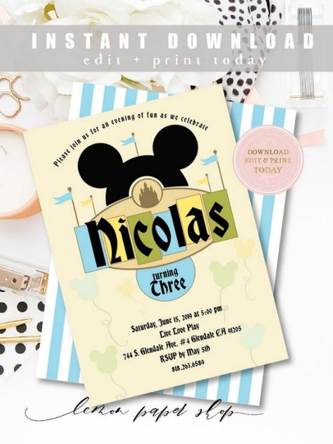 A Disney theme park is where memories are made and dreams come true. This vintage Disneyland invitation is such a wonderful pick that spreads out some of that Disney magic. See more parties and share yours at CatchMyParty.com #catchmyparty #partyideas #Mickeymouseparty #mickeymousepartyinvitation #mickeymouseinvitation #boybirthdayparty #mickeymousedisneylandinvitation Disneyland Theme Birthday, Disneyland Birthday Party, Mickey Invitations, Pooh Invitation, Mickey Mouse Invitation, Disneyland Birthday, Disney Birthday Party, Disney Baby Shower, Classic Invitation