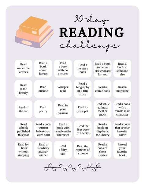 Fun 30-day challenge for the avid reader in your life! Tired of reading the same genre, try this challenge to mix things up! 30 Day Book Challenge Reading, Can You Read This Challenge, Spring Reading Challenge, Book Challenge Ideas, 2025 Reading Challenge, 30 Day Reading Challenge, Reading Challenge Template, 30 Day Book Challenge, Book Reading Challenge