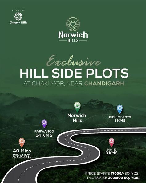 300 to 500Gaj Plots for sale at Norwich Hills. Make your second home in Hills! 🏡 Residential Plots at Chakki Mod, Parwanoo, Solan, Himachal Pradesh *THE Norwich Hills* ✅Non-Himachali can also buy) ✅33 ACRES Gated Township ✅ INTERNAL ROAD 30 FT. ✅ ABOVE SEA LEVEL 3300 FT. HEIGHT Solan Himachal Pradesh, Real Estate Banner, Hotel Ads, Minimalist Poster Design, Real Estate Marketing Design, Graffiti Photography, Real Estate Ads, Real Estates Design, Creative Advertising Design