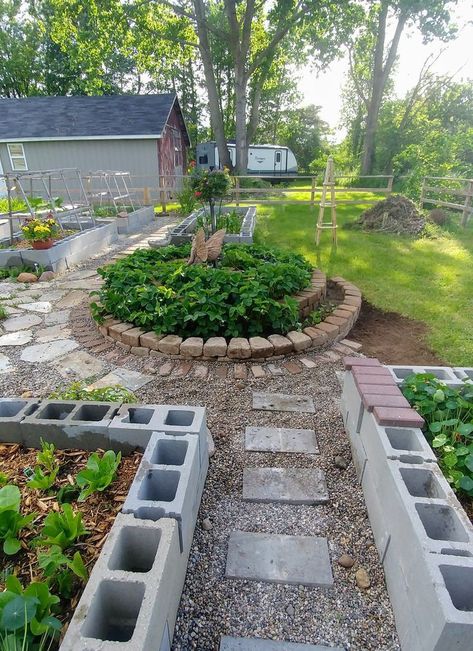 Raised Beds On Concrete, Concrete Block Garden Beds, Raised Garden Beds Cinder Blocks, Brick Raised Garden Beds, Watering Raised Garden Beds, Stone Raised Beds, Bungalow Garden, Summer Planting, Raised Garden Bed Ideas