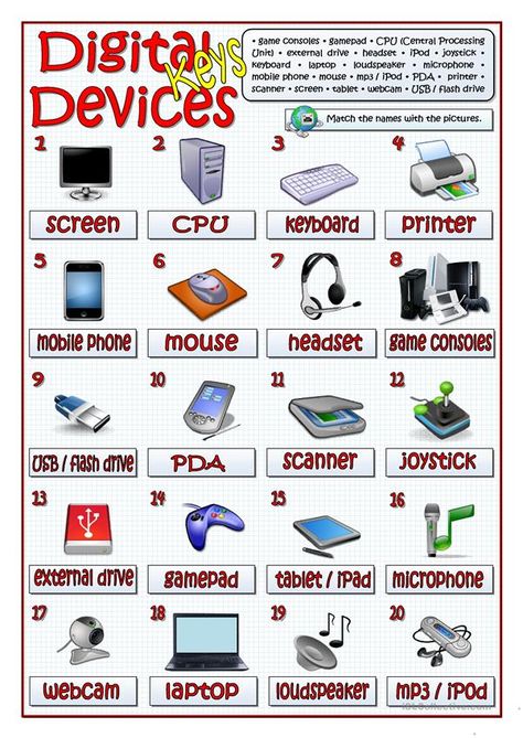 DIGITAL DEVICES worksheet - Free ESL printable worksheets made by teachers Out Put Devices Of Computer, Computer Lab Posters, Computer Lab Rules, Technology Vocabulary, School Computer Lab, Computer Lab Lessons, Computer Lab Classroom, Computer Devices, Teaching Computers