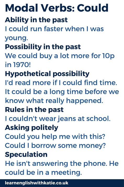 Use could for ability, possibility and rules in the past, for hypothetical possibility, asking politely and speculation. Could Sentences, Toefl Test, Writing Conventions, Modal Verbs, Better Writing, Basic English Sentences, Ielts Exam, Study English Language, Study English