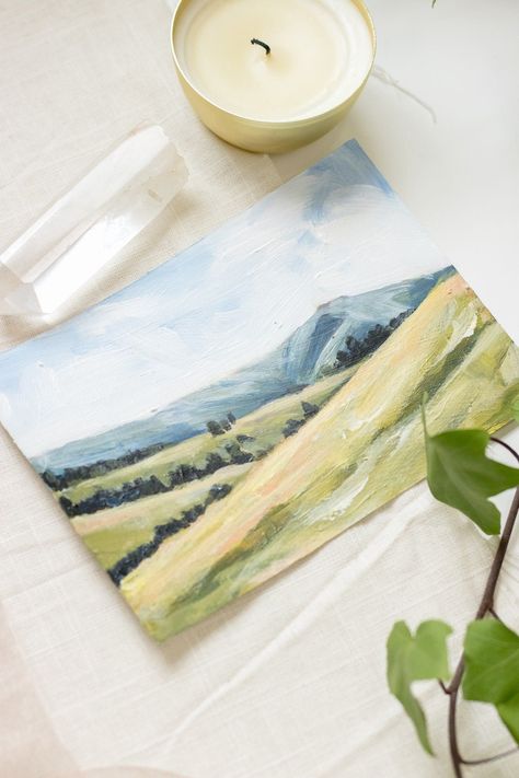 Small Landscape Painting 5x7, fine art, art on paper, original painting, hills and mountains landscape, small painting, Painting Hills, Hills And Mountains, Ideas For Drawing, Distant Mountains, Small Landscape, Paintings Easy, Underwater Painting, Mountains Landscape, Green Hills