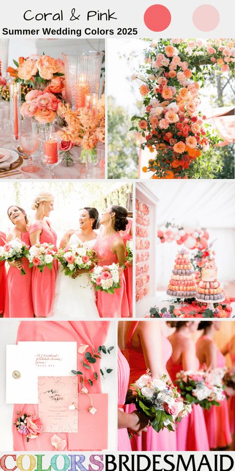 Best 8 Summer Wedding Color Schemes for 2025 - ColorsBridesmaid Red And Coral Wedding, Wedding Macaroons, Coral And White Wedding, Bridesmaid Dresses Coral, Wedding Colors 2025, Color Schemes Summer, Summer Wedding Color Schemes, Purple And Pink Wedding, August Wedding Colors