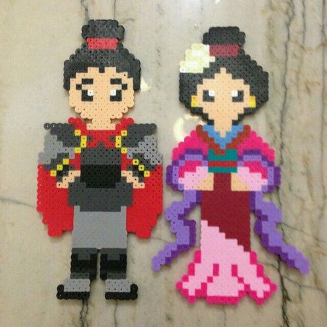 Mulan Hama Earrings, Perler Beads Disney, Mulan And Shang, Hama Beads Disney, Hama Disney, Warrior Armor, Hama Art, Melty Bead Patterns, Bead Crafts Diy